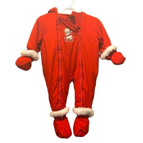 Teddy's Choice Red White Faux Fur Trimmed 1-Piece Warm Hooded Toaster Snow Suit - Picture 1 of 10